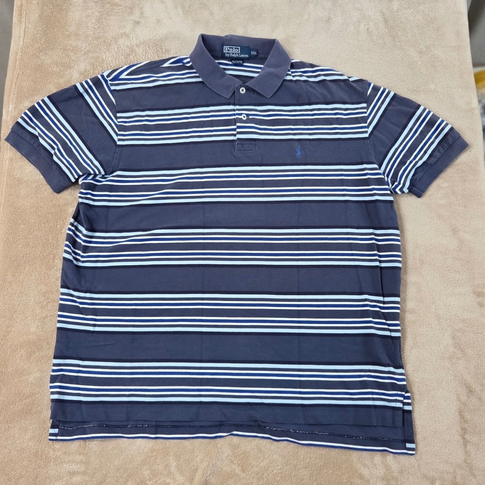 Vintage Polo‎ Ralph Lauren Polo Men 2XL Blues Cotton Stripes Short Sleeves EUC